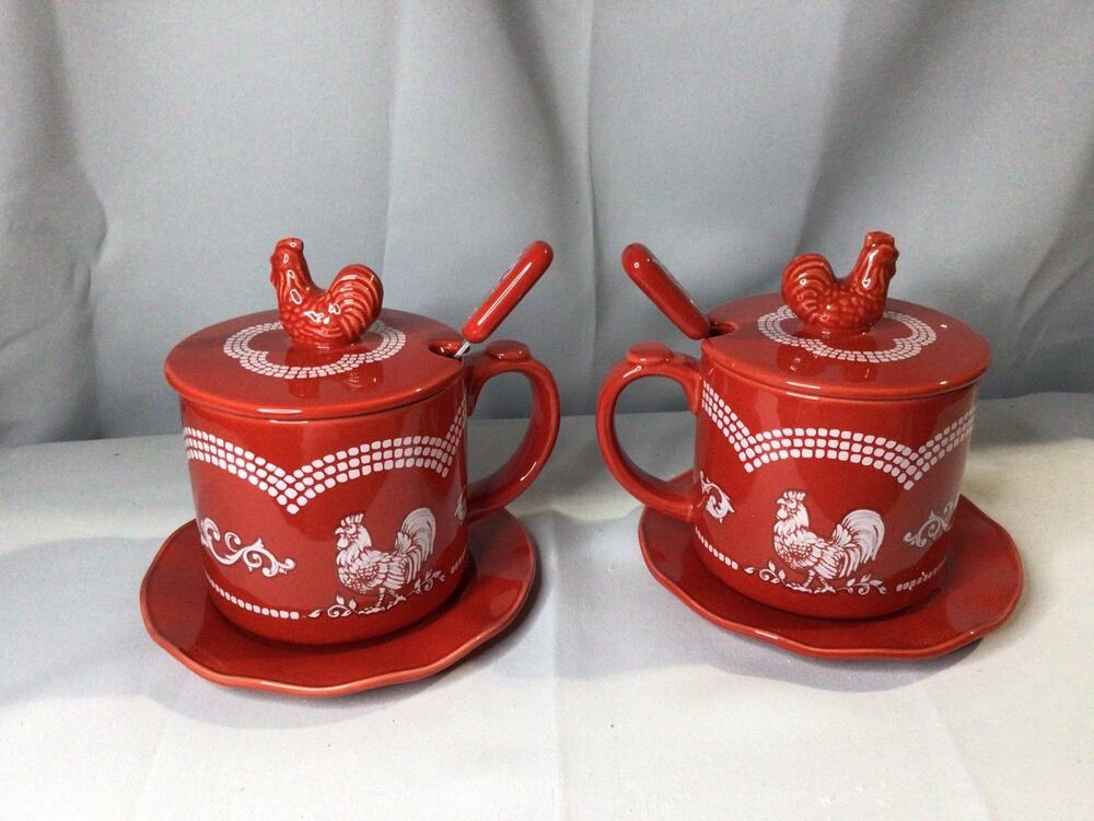 Set of 2 Red Rooster Soup Mug Bowls w/ Lids Spoons Saucers Ceramic Chicken NIB